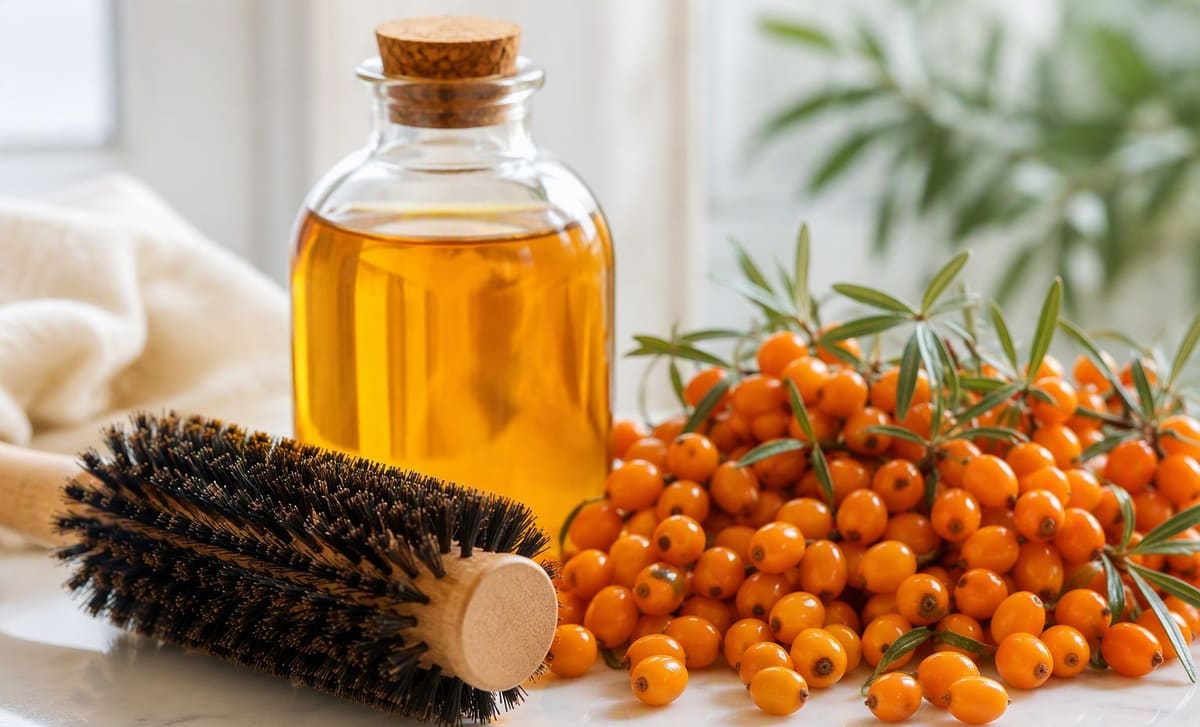 A round boar-bristle brush beside a bottle of golden sea buckthorn oil and a pile of fresh berries