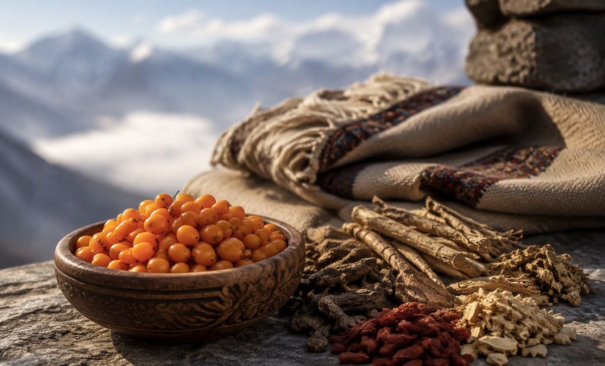 Sea buckthorn berries in a carved wooden bowl with dried medicinal herbs