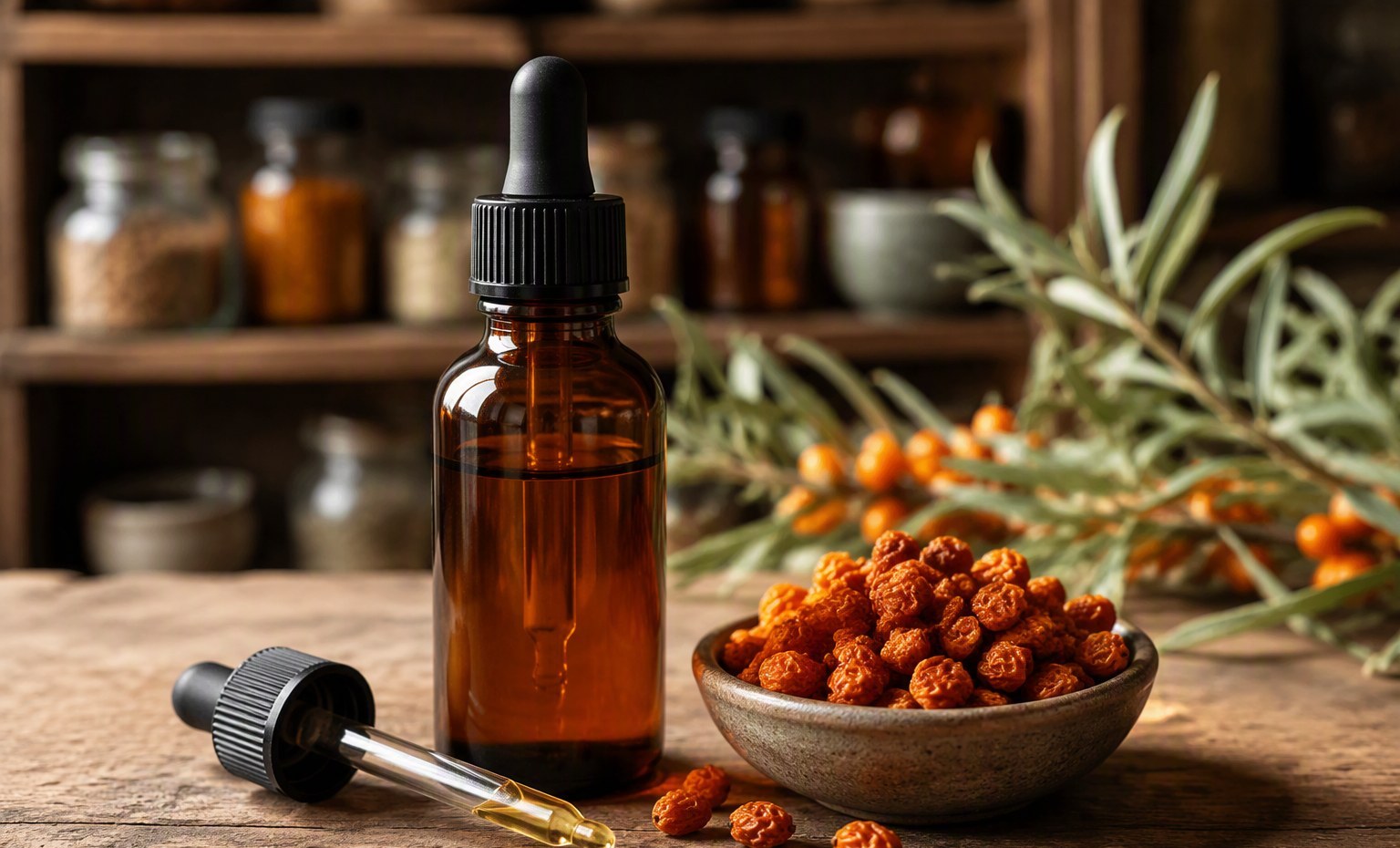 An amber tincture bottle and dropper beside a bowl of dried sea buckthorn berries