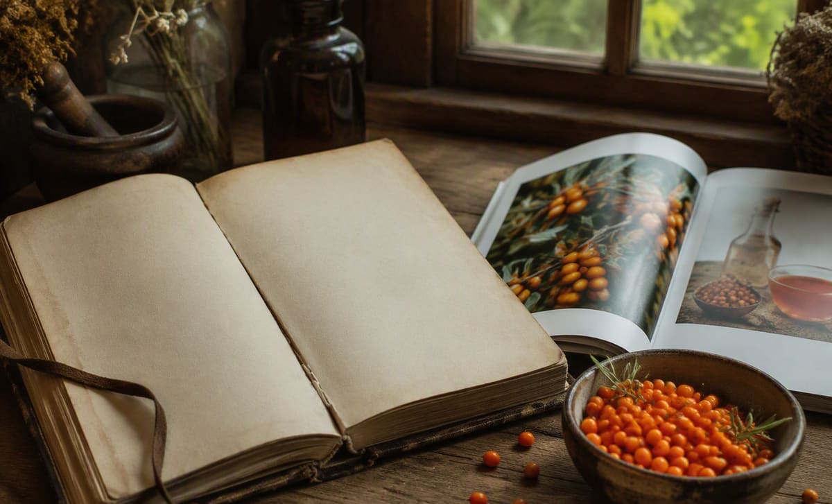 An aged herbal journal beside a modern booklet and a bowl of fresh sea buckthorn berries