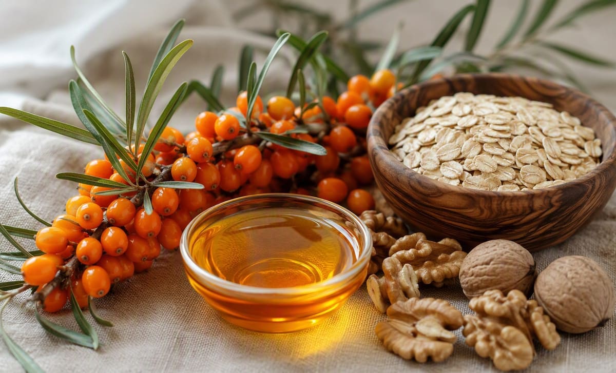 Sea buckthorn berries and oil with walnuts and oats on a linen cloth