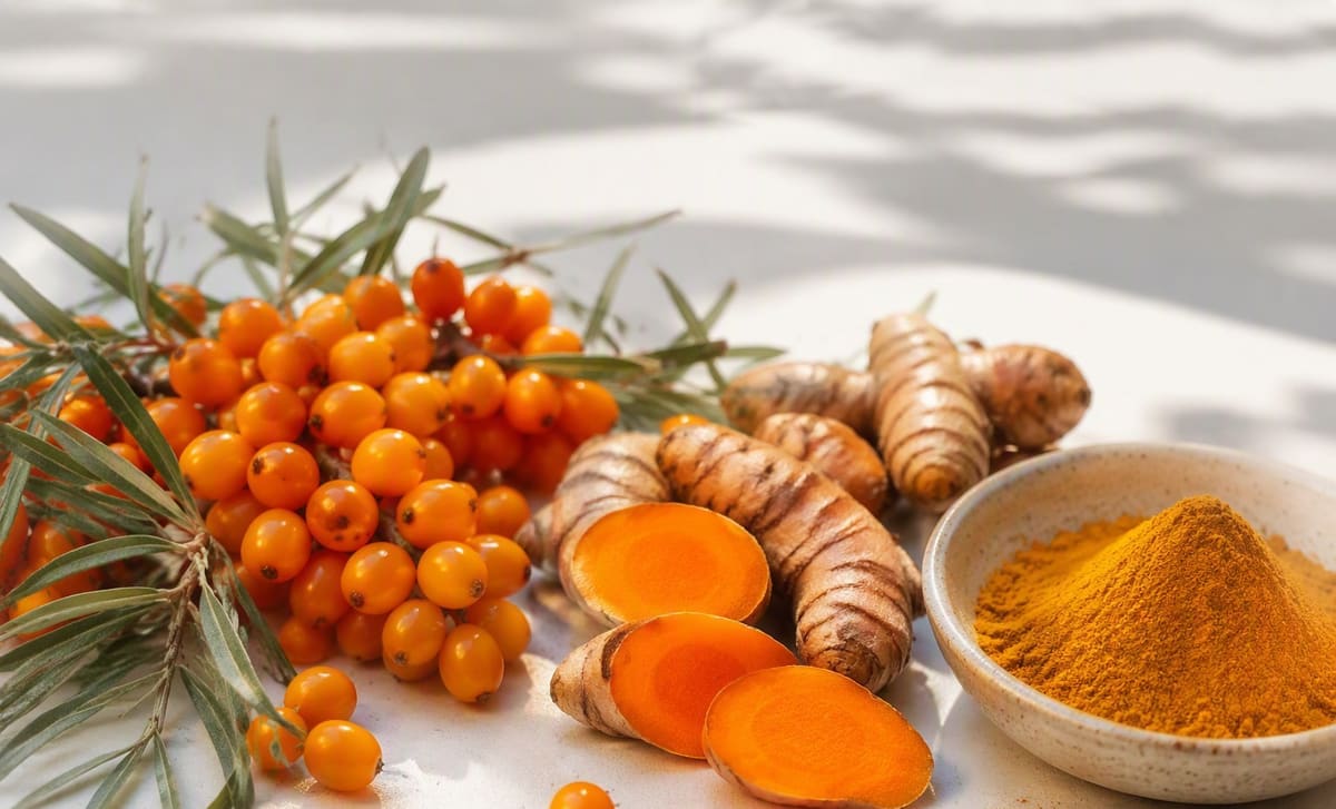 Sea buckthorn berries beside fresh turmeric root and a dish of turmeric powder