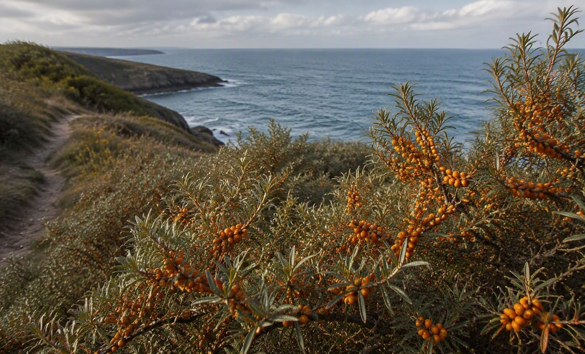 Wild sea buckthorn bushes on a British coastal cliff path above the sea