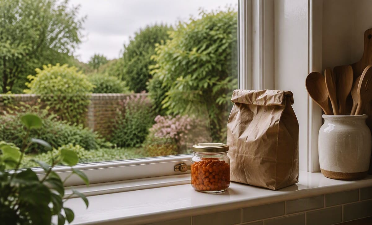 A jar of sea buckthorn berries and a paper bag on a British kitchen windowsill