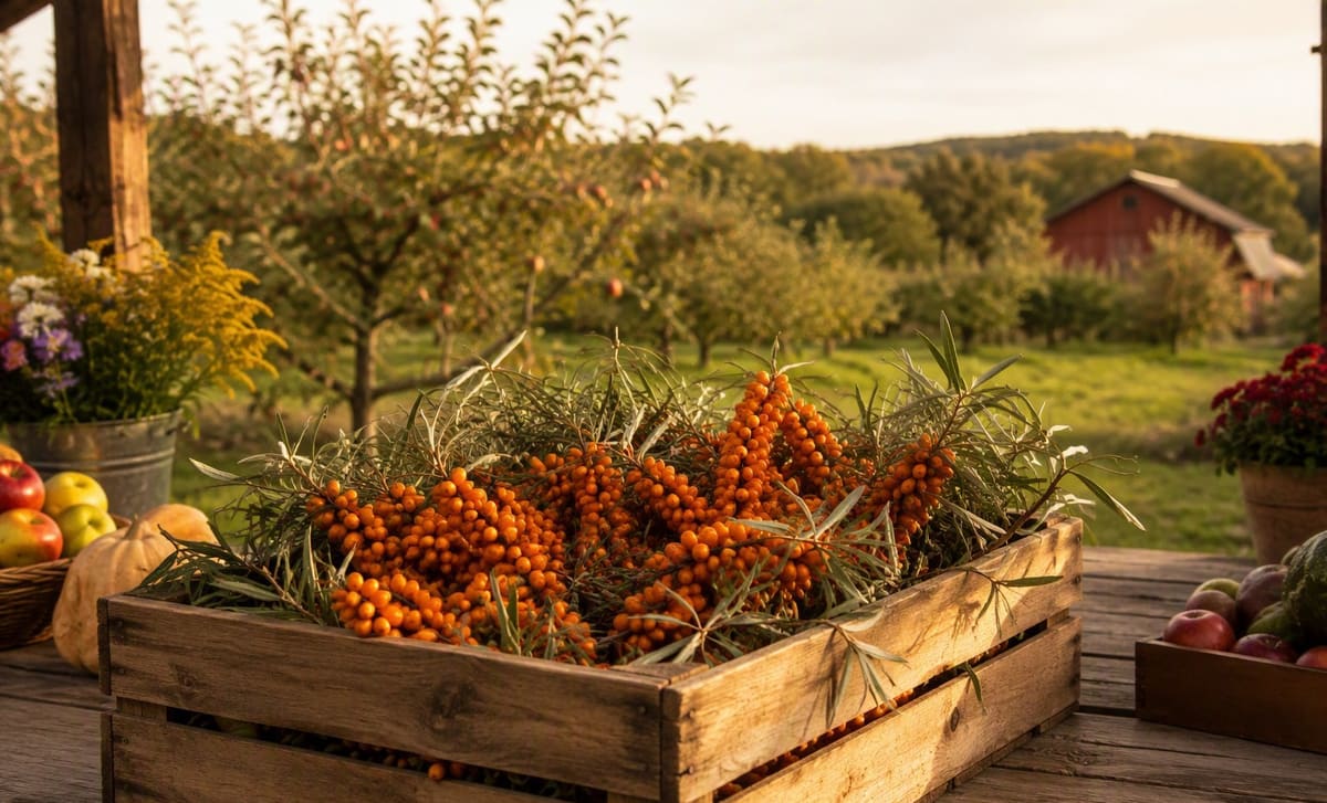 A wooden crate of fresh sea buckthorn berries on an American farm stand table
