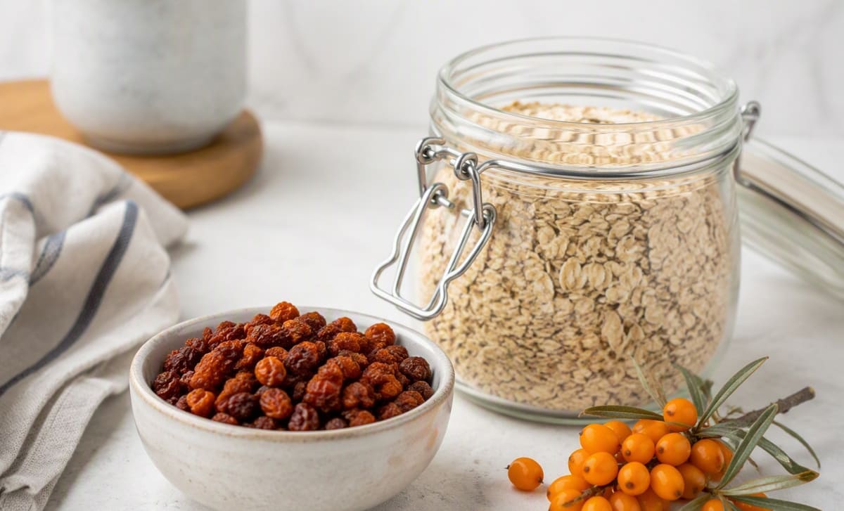 A bowl of dried sea buckthorn berries beside a jar of rolled oats and fresh berries on a counter