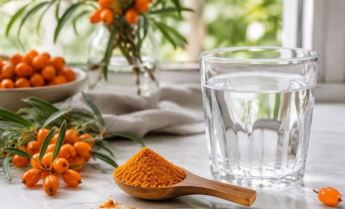A wooden spoon heaped with orange sea buckthorn powder beside a glass of water and fresh berries