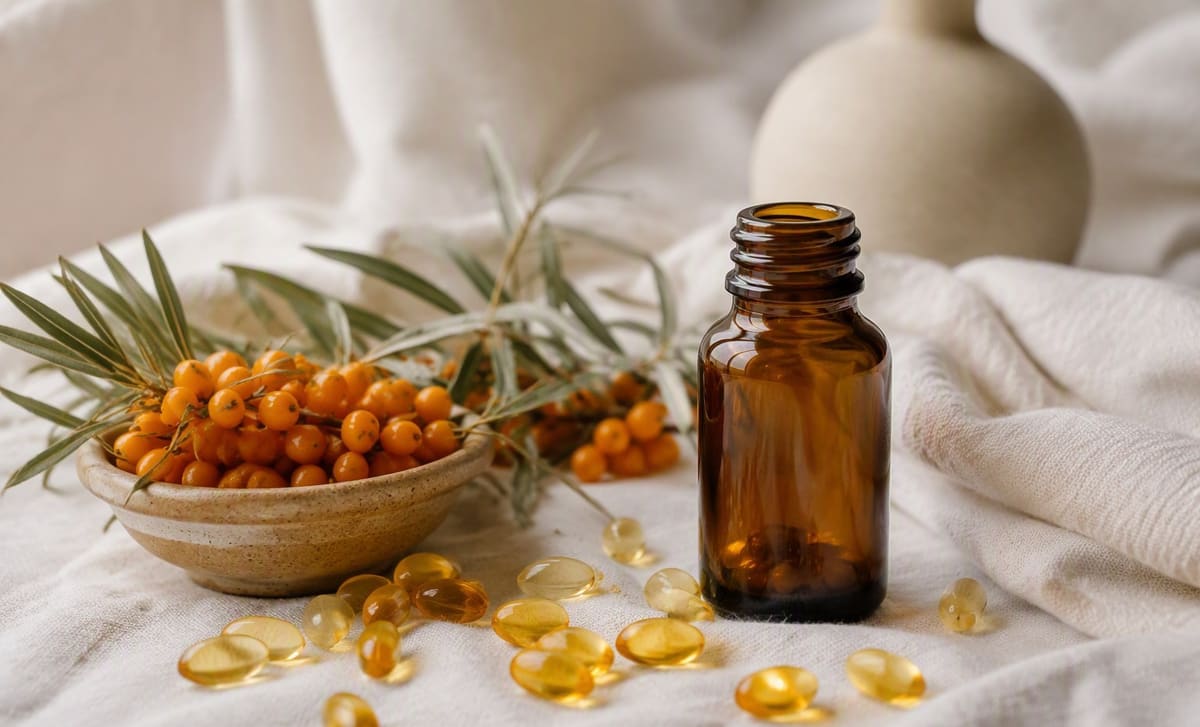 Sea buckthorn oil softgel capsules on white linen beside a small amber bottle