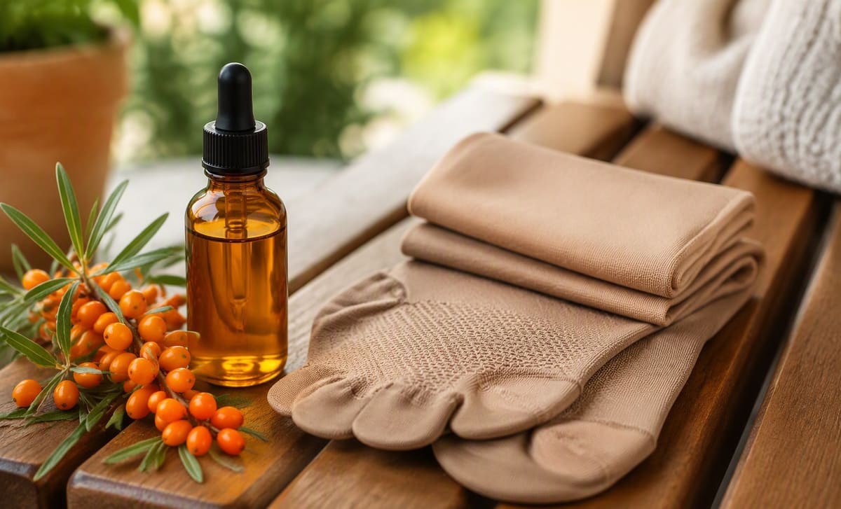 A sea buckthorn oil bottle and berries beside folded compression stockings