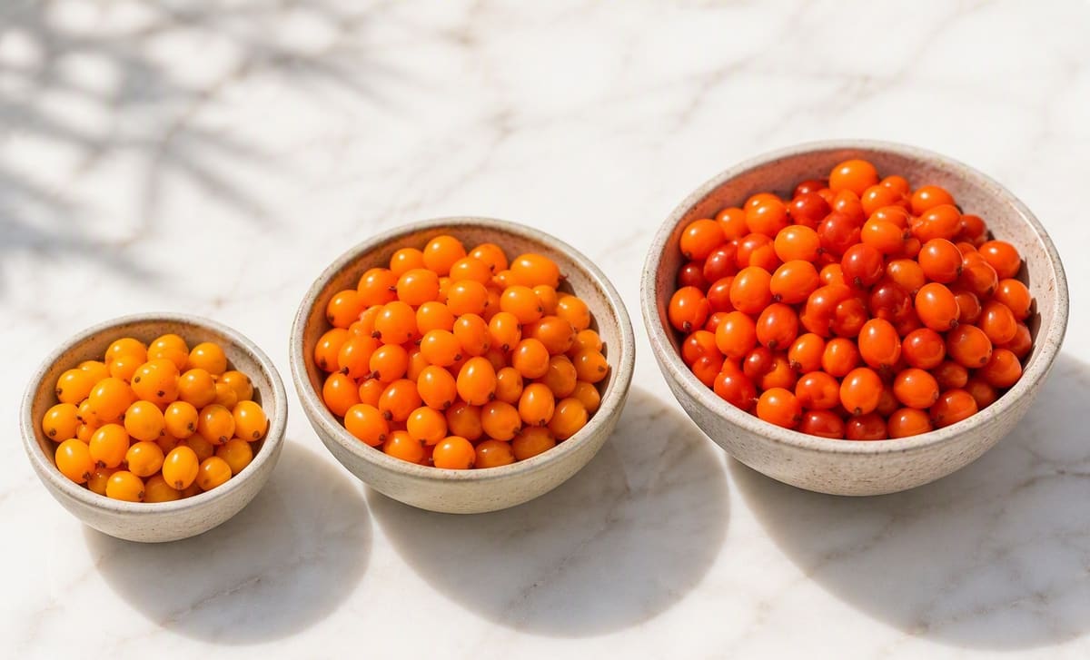 Three bowls of sea buckthorn berries in different sizes and shades of orange