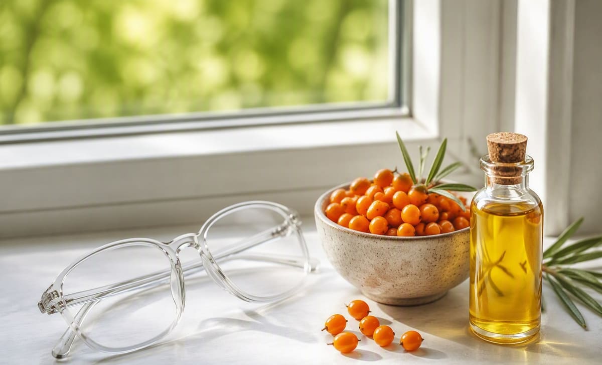 Clear eyeglasses beside a bowl of fresh sea buckthorn berries and a bottle of golden oil on a windowsill
