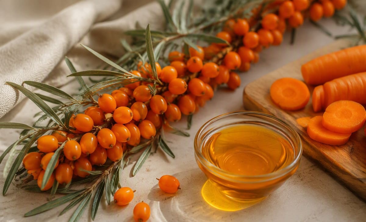 Deep orange sea buckthorn berries and oil beside carrot pieces
