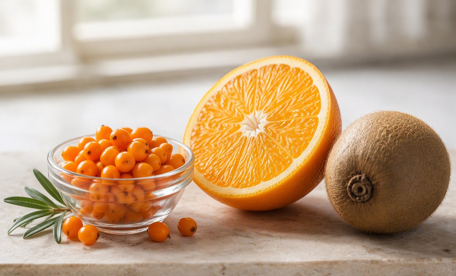 Sea buckthorn berries beside a sliced orange and a kiwi, comparing vitamin C sources