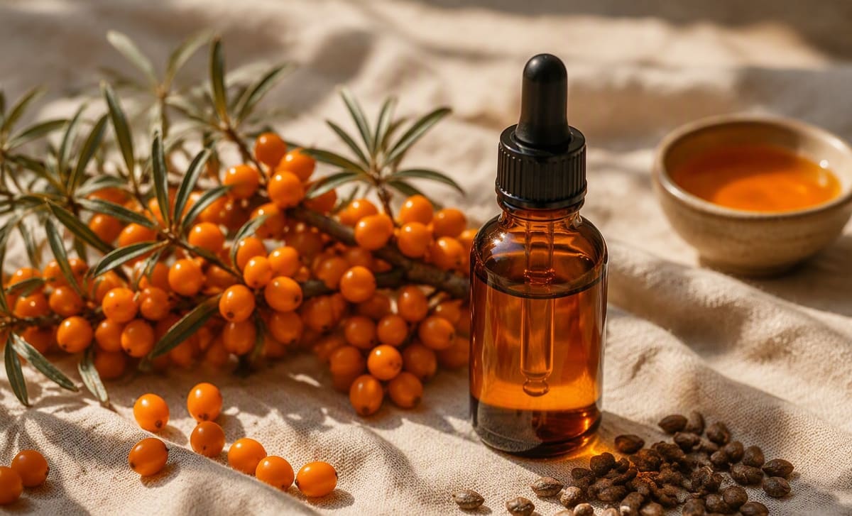 Sea buckthorn oil in an amber dropper bottle with berries and seeds on linen