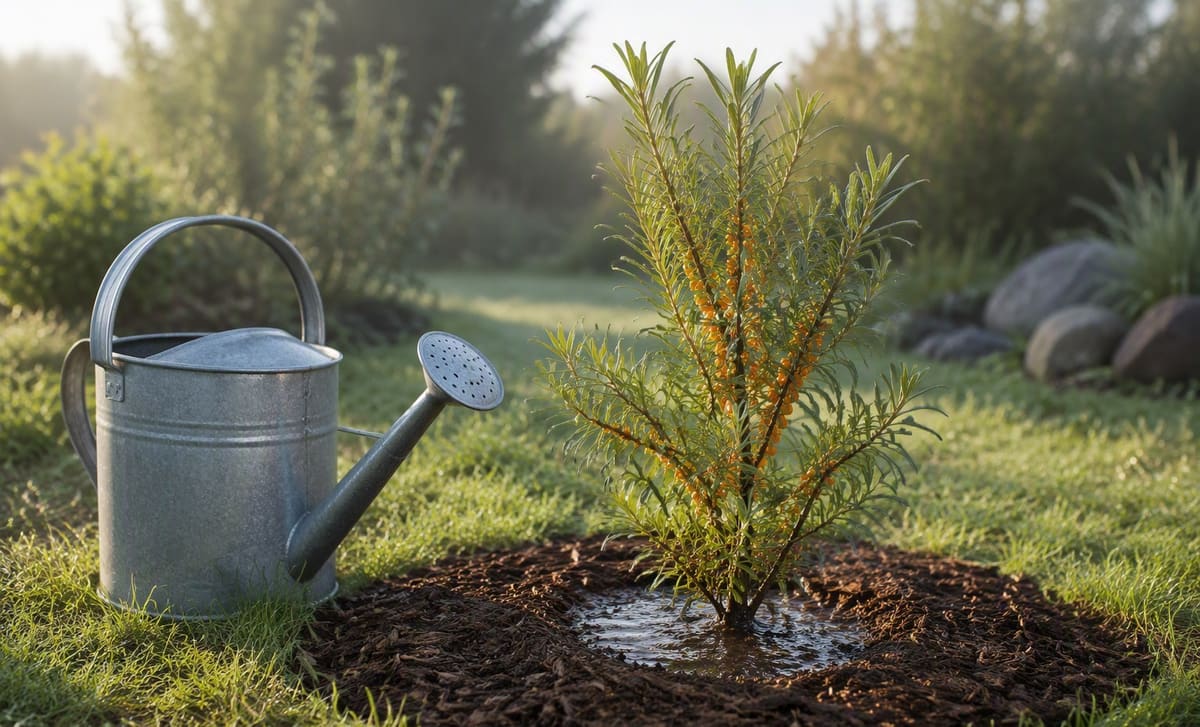 A metal watering can beside a young sea buckthorn shrub with a mulch ring