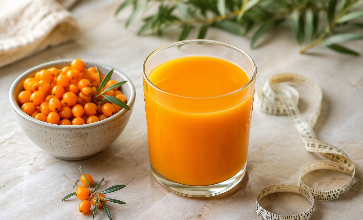 A glass of sea buckthorn juice with fresh berries and a linen measuring tape