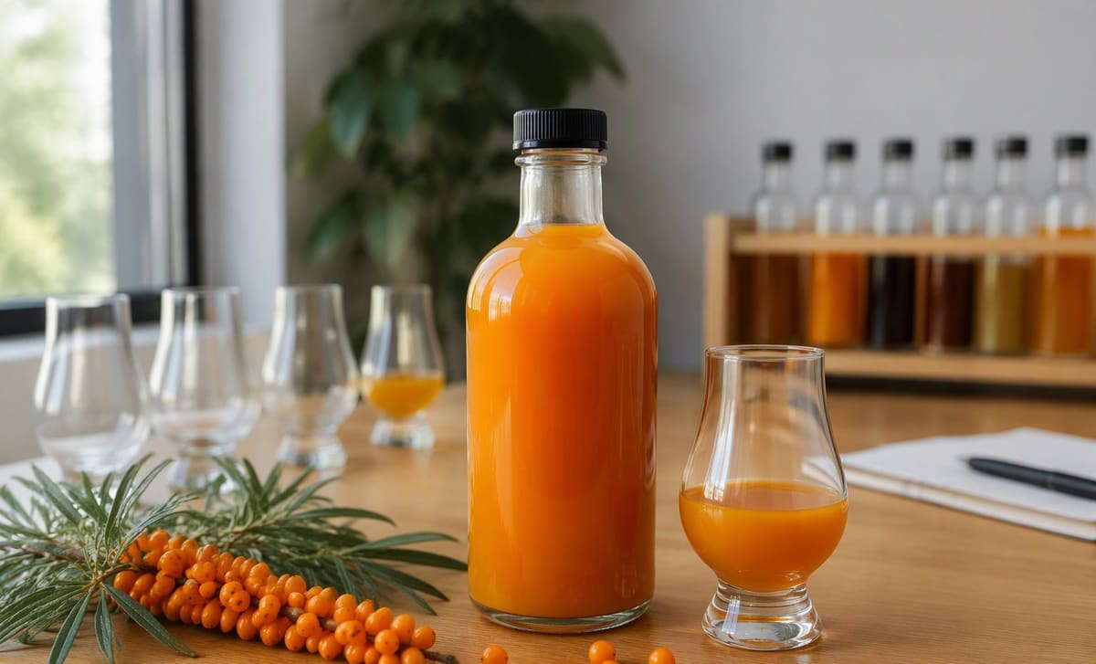 An unlabeled bottle of sea buckthorn juice with berries and a tasting glass