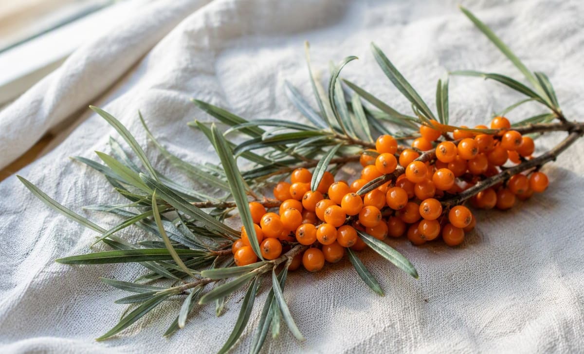 A sea buckthorn branch with bright orange berries and silvery green leaves on a linen cloth