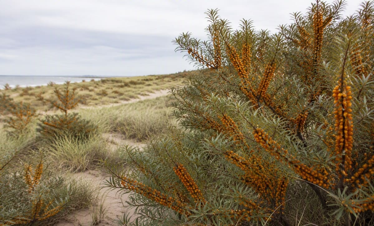 Wild sea buckthorn shrubs with orange berries growing on coastal sand dunes