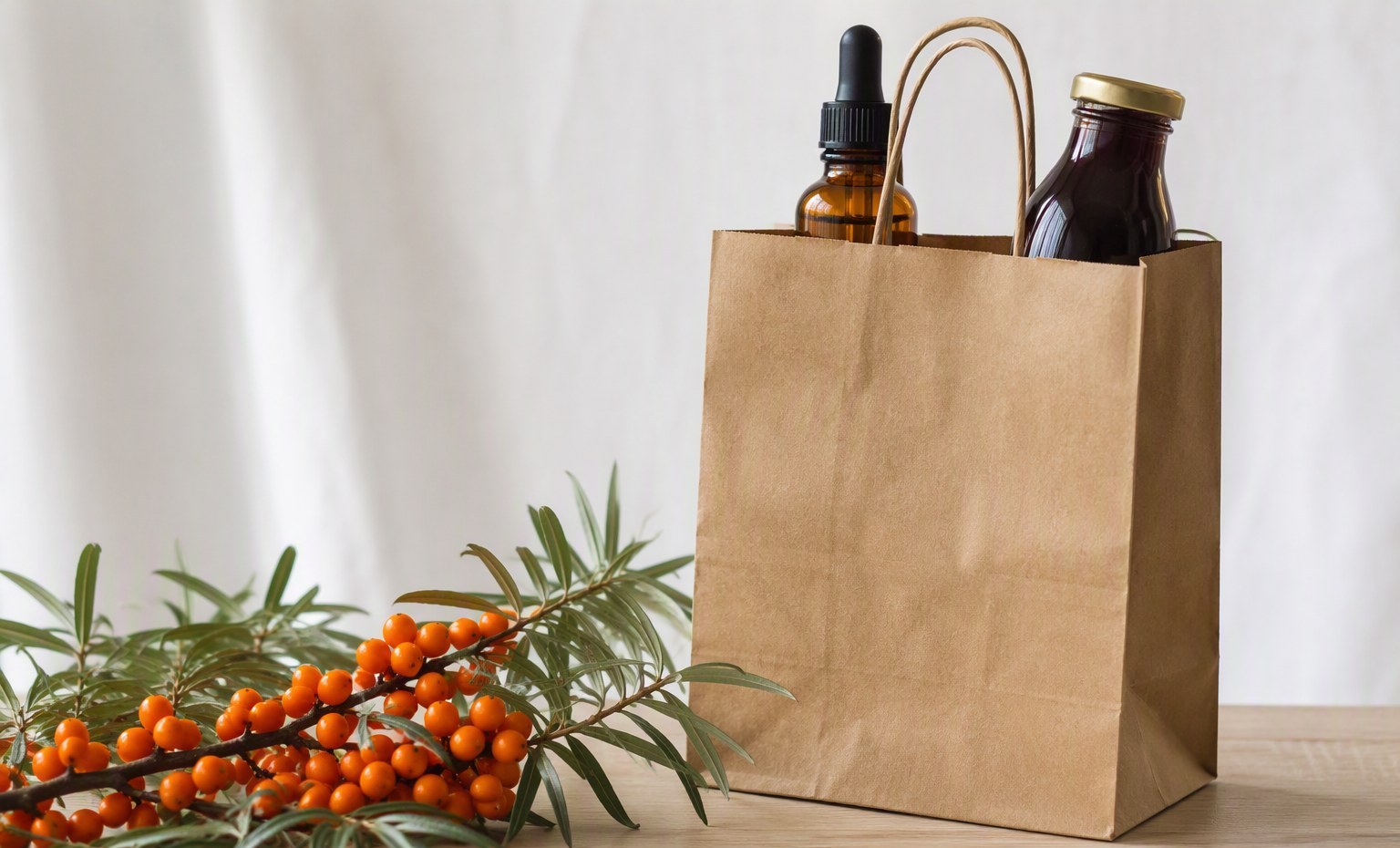 A kraft shopping bag holding unbranded sea buckthorn bottles with fresh berries on the table