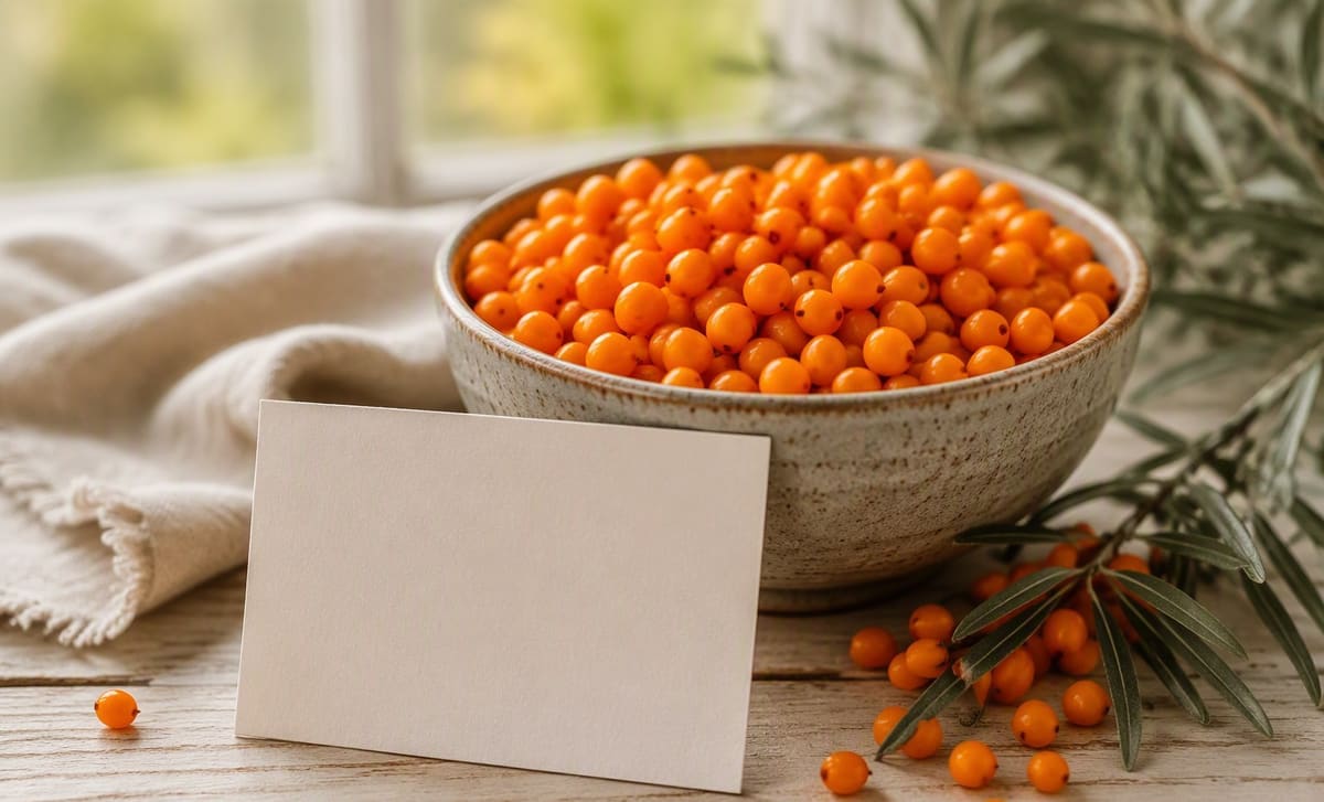 A bowl of sea buckthorn berries with a small blank card propped in front