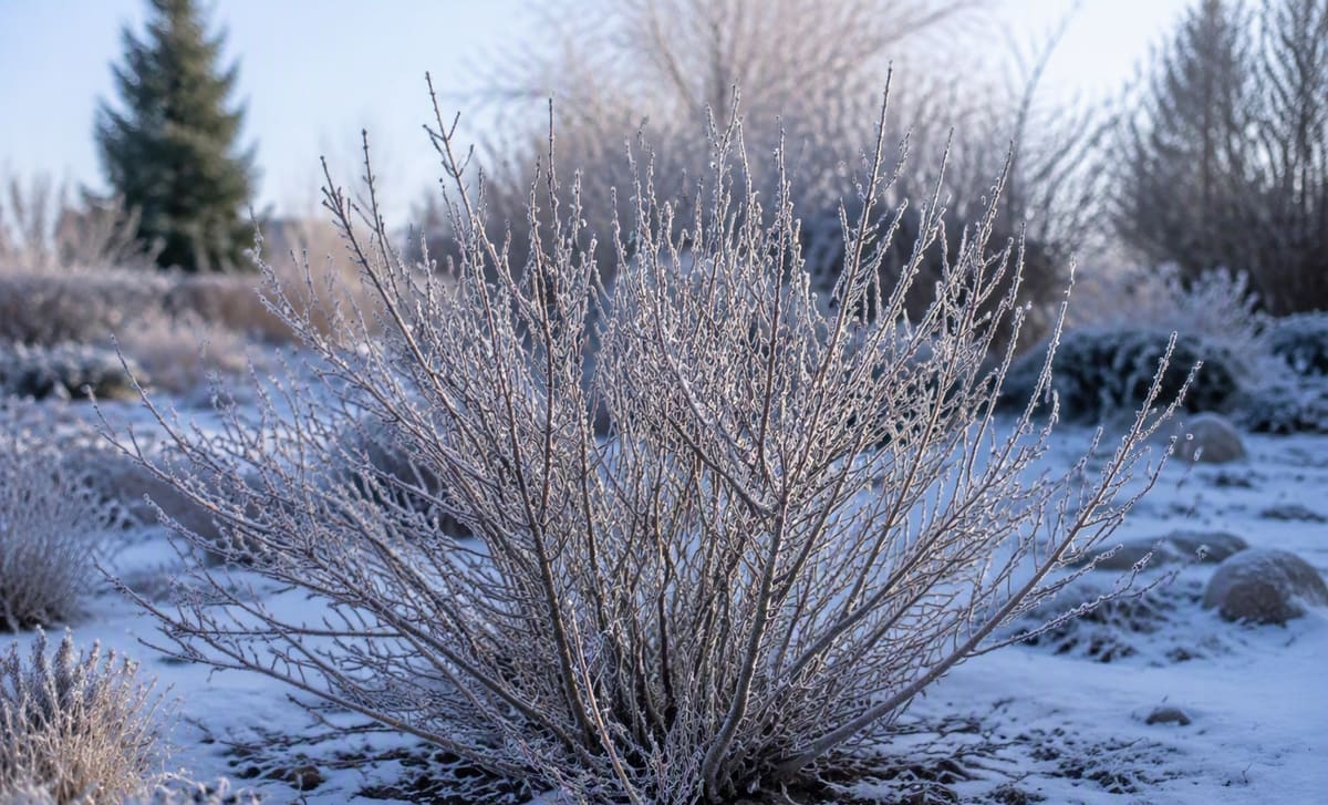 A dormant sea buckthorn shrub with frost on its branches in a winter garden