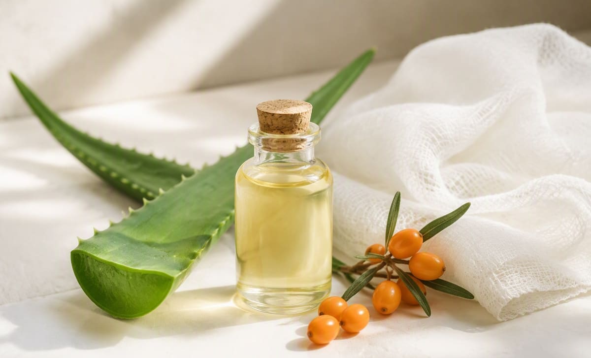 A fresh aloe vera leaf beside a small bottle of pale sea buckthorn oil and clean gauze