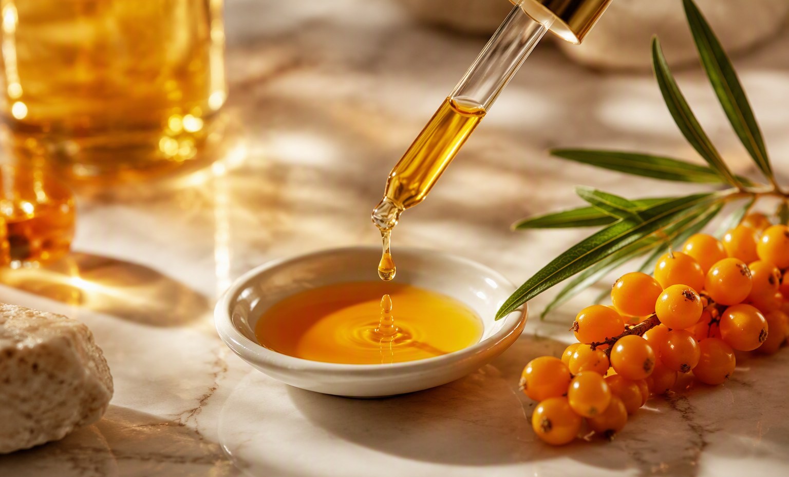 Sea buckthorn oil dripping from a glass dropper into a ceramic dish beside berries