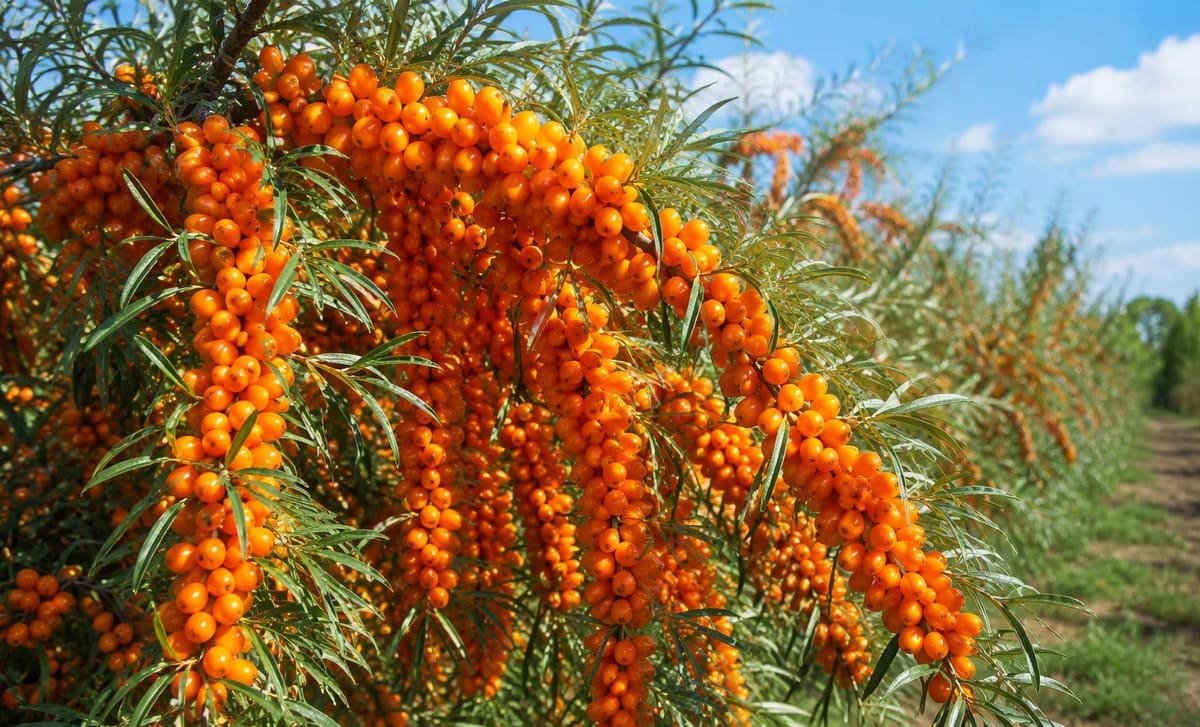Heavy clusters of orange sea buckthorn berries on a shrub branch in an orchard