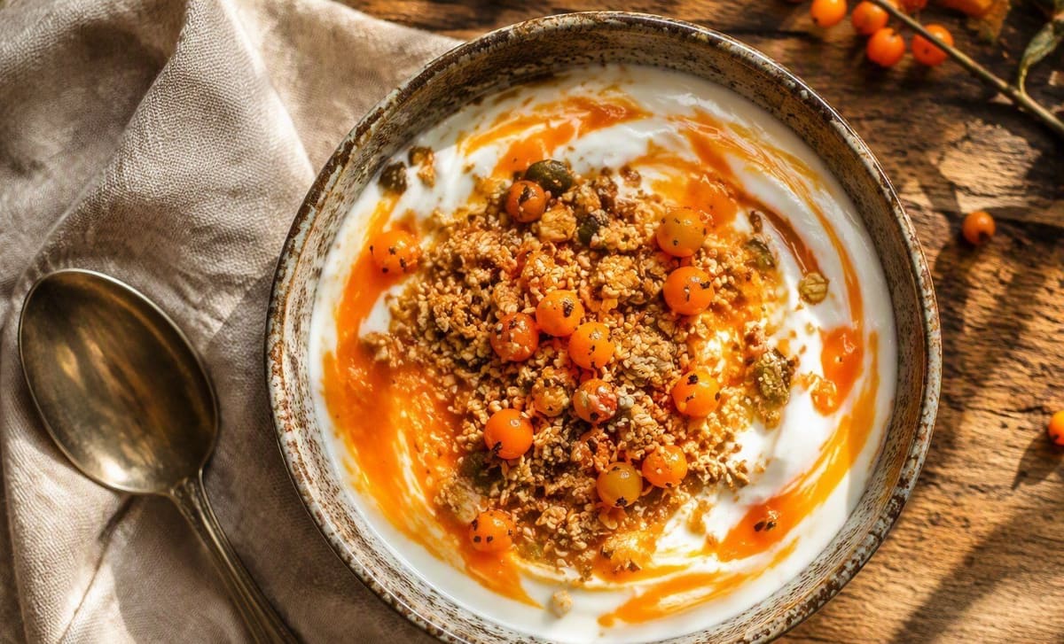 A yogurt bowl swirled with orange sea buckthorn, topped with granola and berries